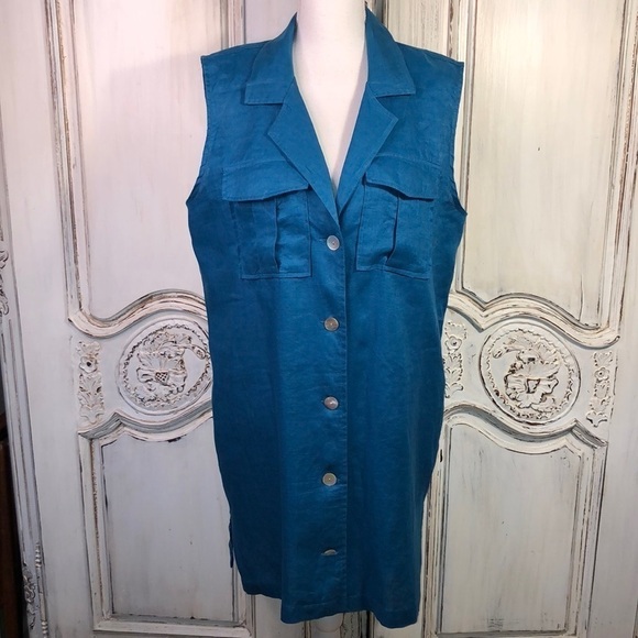 Marc New York by Andrew Marc 100% Blue Linen Sleeveless Button Down Shift Dress - Picture 1 of 9